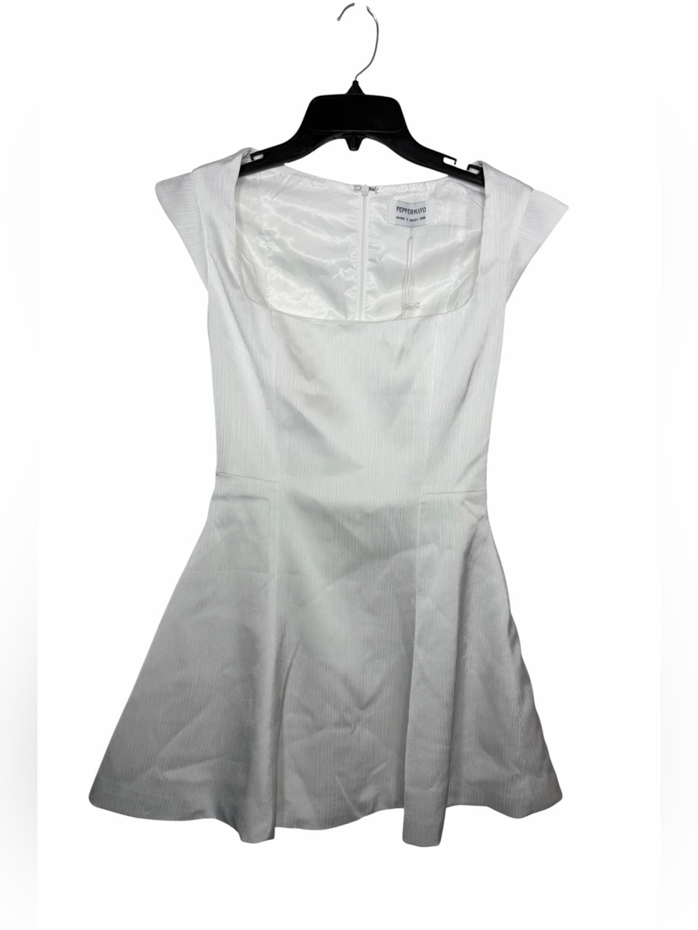 Peppermayo NWT Women’s Maryjane Mini Dress In White Textured Satin. Size 4. - Picture 13 of 14